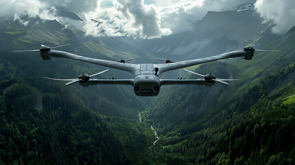 The image features a grey drone with four propellers, flying over a forested area. The drone has a sleek design