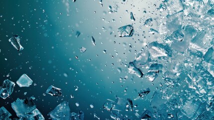 Fresh many ice shards texture on blurred blue background. AI generated image - obrazy, fototapety, plakaty