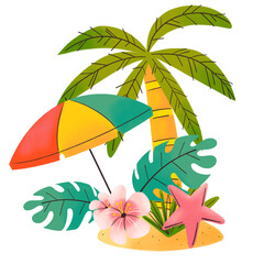 Ilustración de verano con palmera en la playa
