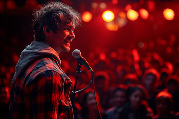 Comedian performing on stage, eliciting hearty laughter from the audience with their humorous jokes and antics