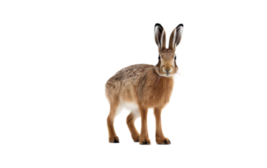 A small brown and white animal stands alertly on a white surface