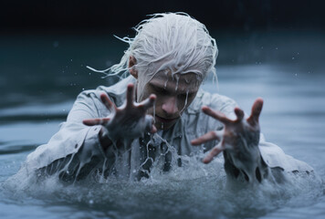 White hair man, into water with serious face by a lake.