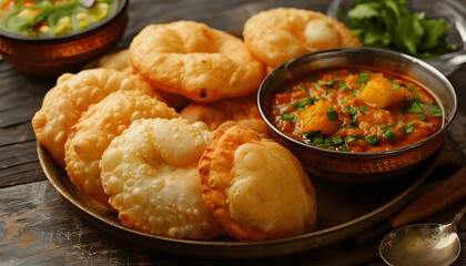 Envision a plate of piping hot freshly made puri bhaji with fluffy puris served alongside a fragra Generative AI
