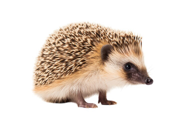 A small hedgehog stands on its hind legs, looking alert and curious