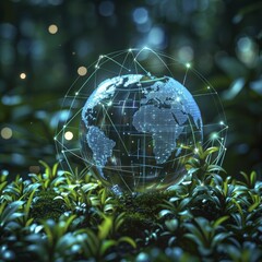 Silhouette of a globe with natural and tech elements, on a global balance background, concept for balancing technological advancement with environmental stewardship.