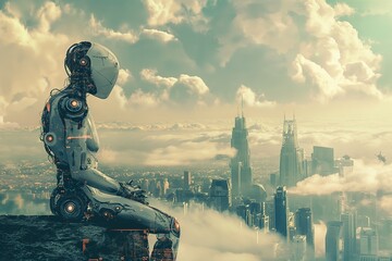 AI impacting our world in a scary way. Robot sitting over modern city skyline. A humanoid robot an advanced cybernetic body.