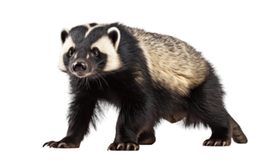 A majestic badger, black and white fur shining, stands proudly on a stark white background