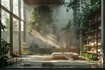 A modern and minimalist interior with lots of plants, creating an atmosphere that feels like being in nature. Sunlight shining through tall windows onto concrete walls, greenery hanging from ceiling