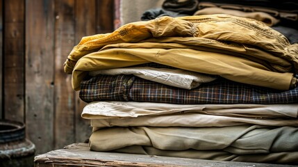 A stack of ancient clothes forms an artful display, reminiscent of history and erosion on layers of wood and rock, telling tales of ancient civilizations - obrazy, fototapety, plakaty