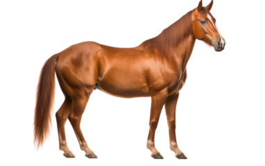 A magnificent brown horse standing gracefully in front of a pristine white background