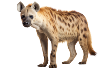 A mesmerizing close-up of a hyena on a white background, showcasing its unique features and intense gaze