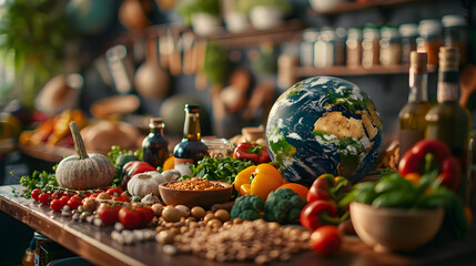 Earth globe surrounded by food variety, ingredients, and utensils, representing world food day and flavorful international cuisine concept.