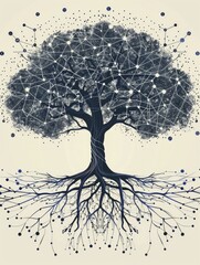 The digital tree's roots intertwine in a network pattern against a backdrop of network growth, symbolizing organic growth in digital networks.