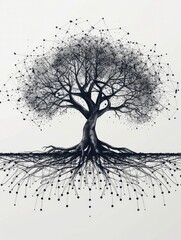 An elegant digital tree with network-pattern roots flourishes against a backdrop of network growth, symbolizing organic digital network expansion. - obrazy, fototapety, plakaty