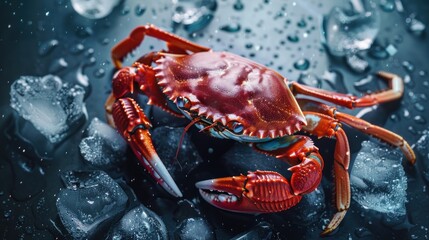 Close up a red crab with ice cubes on dark background. AI generated image - obrazy, fototapety, plakaty