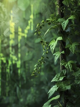 An intricate vine envelops a stock market graph against a backdrop of growth trends, symbolizing nature's fusion with finance.