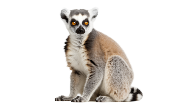 A ring-tailed lemur gracefully perches on a white surface, exuding a sense of calm and curiosity