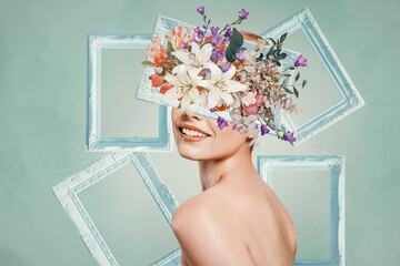 Abstract art collage of young woman with flowers