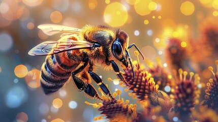 Stylized vector of a honeybee pollinating digital flowers, on a cross pollination background, concept for innovation through interdisciplinary collaboration. - obrazy, fototapety, plakaty