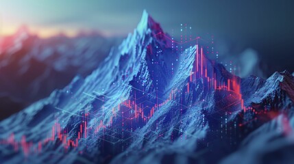 A mountain peak silhouette overlaid with a financial graph shadow symbolizes the pursuit of peak financial success against a market backdrop. - obrazy, fototapety, plakaty