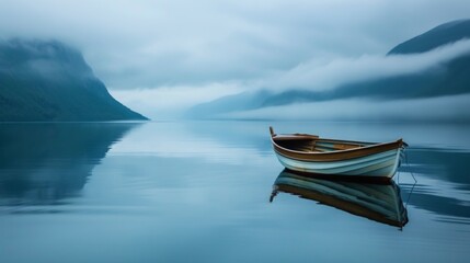 Solitary Boat Adrift in Norway's Fjords. Captivating Landscape - obrazy, fototapety, plakaty
