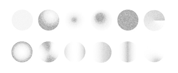 Noise gradient shape PNG. Various Circles with grain texture. Black noise gradient Isolated. Halftone dotted round vector design elements