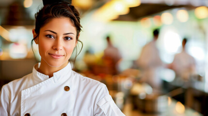 portrait of a young female professional chef in his chef's jacket in the kitchen of a restaurant - restaurant business and professional chef concept