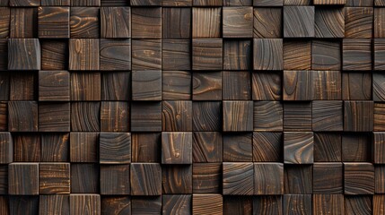 Wooden wall with square blocks stack tiles texture background. AI generated image - obrazy, fototapety, plakaty