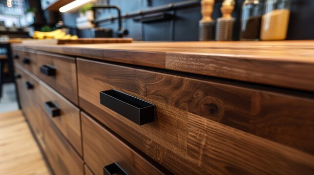 Close-up shot of newly installed kitchen cabinet with sleek black knobs. The photo showcases the modern design and craftsmanship of the cupboards, highlighting the attention to detail in the