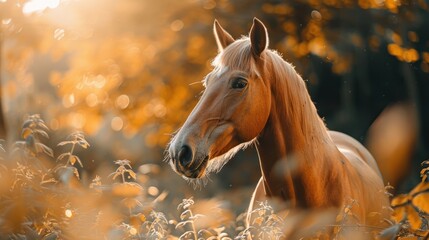 Animal photography horse with natural background in the sunny view. AI generated image - obrazy, fototapety, plakaty