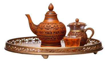 A tray holds a delicate tea pot and a cup, inviting a moment of calm and reflection