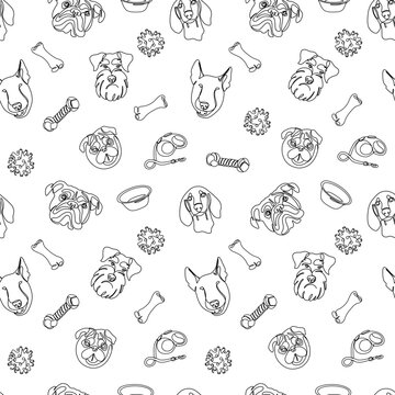 One continuous line drawing dogs with toys and accessories vector Image. Single line minimal style dog portrait. Black and white seamless pattern with cute dogs different breed.