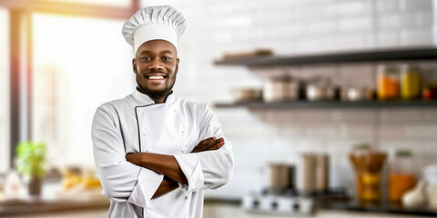 portrait of a young african american professional chef in his chef's jacket in the kitchen of a restaurant - restaurant business and professional chef concept