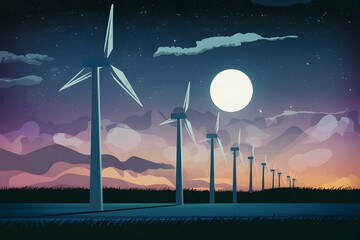 Night scene of electricity generation with windmill power generator - obrazy, fototapety, plakaty