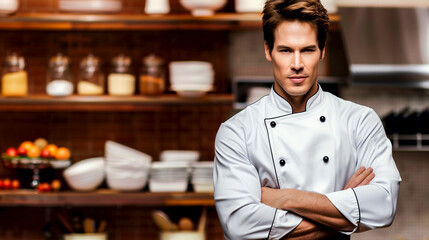 portrait of a young professional chef in his chef's jacket in the kitchen of a restaurant - restaurant business and professional chef concept