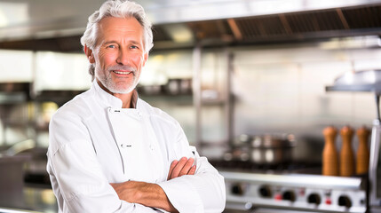 portrait of a senior professional chef in his chef's jacket in the kitchen of a restaurant - restaurant business and professional chef concept