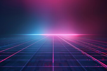 A vibrant 80s-inspired synthwave background with a neon grid overlay and a pulsating light gradient. The central area is kept clear and dark, ideal for displaying your custom text - obrazy, fototapety, plakaty