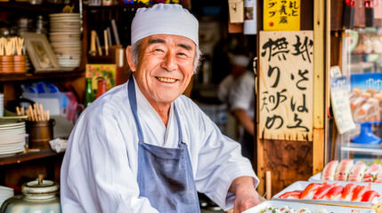 portrait of an asian professional chef at a street food stand - local gastronomy and street food concept