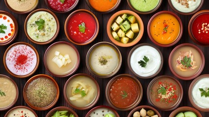 Top view of various types of soup, sauces and side dishes on dark background