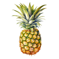 Realistic watercolor of a pineapple with vibrant green leaves.