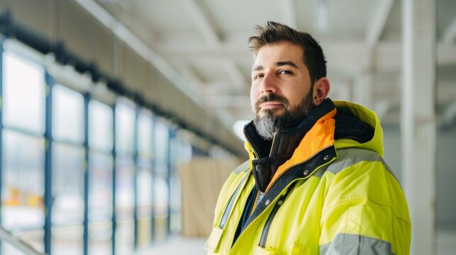 Portrait of a confident foreman in high visibility jacket at a construction site
