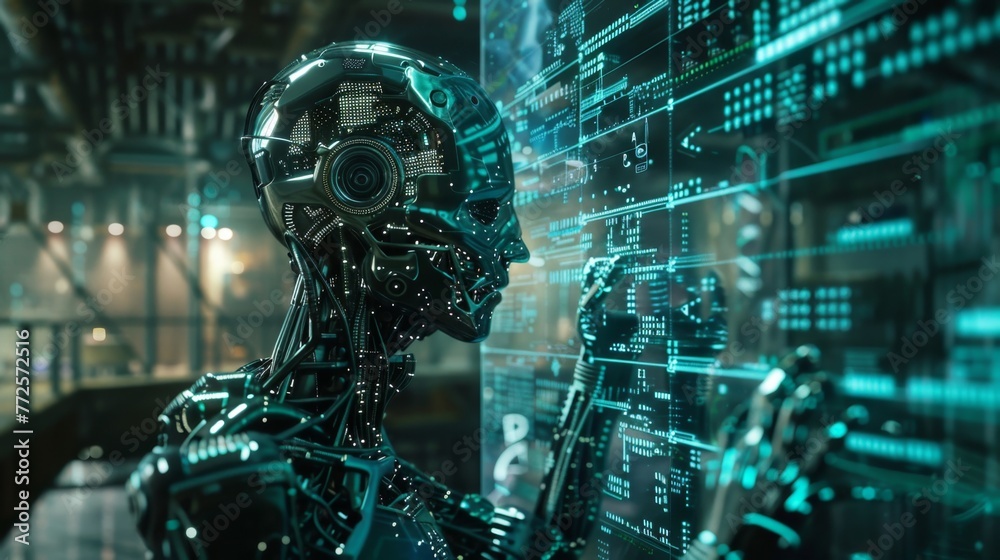 Poster robot analyzing data wall indoors