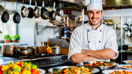 portrait of a young professional chef in his chef's jacket in the kitchen of a restaurant - restaurant business and professional chef concept
