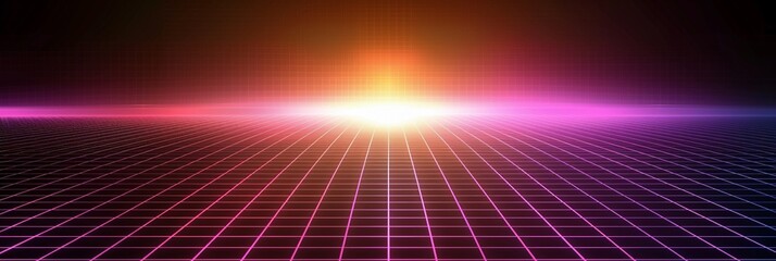 Immerse yourself in the 80s with this retro synthwave background. A digital grid and a dynamic glowing light gradient set the scene. A dedicated dark space in the center awaits your personalized text 