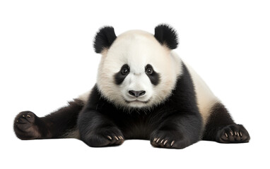 A serene panda bear in black and white sits peacefully on the ground