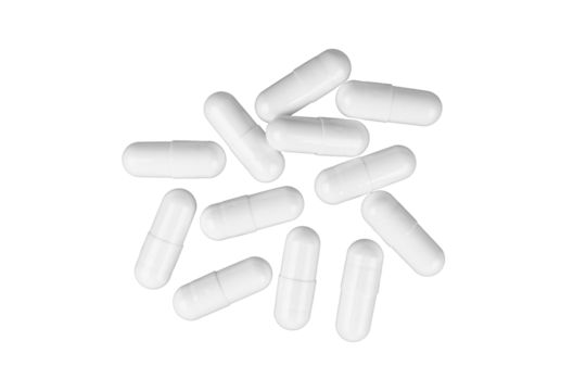 Scattered white medicine pill capsules isolated on white, transparent background. Antibiotics, supplement, vitamin, healthcare concept, pharmaceutical medicine
