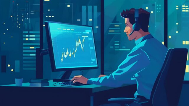A male trader sits in front of a monitor and analyzes the chart. vector illustration style.