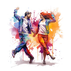 watercolor break dancing couple with colorful spots and splashes on white background