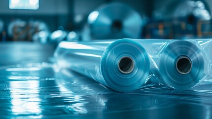 Industrial polyethylene film roll on production equipment. Production equipment winding a large roll of clear plastic film in a factory - obrazy, fototapety, plakaty