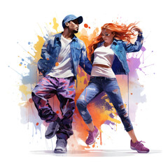 watercolor break dancing couple with colorful spots and splashes on white background - 772573143